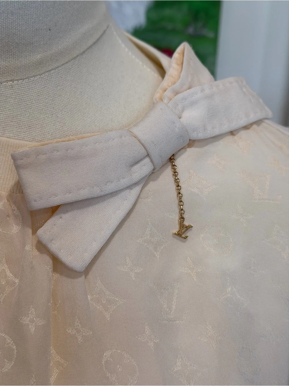 Louis Vuitton Monogram Front Cream Sheer-Sleeve Blouse with Bow Accent